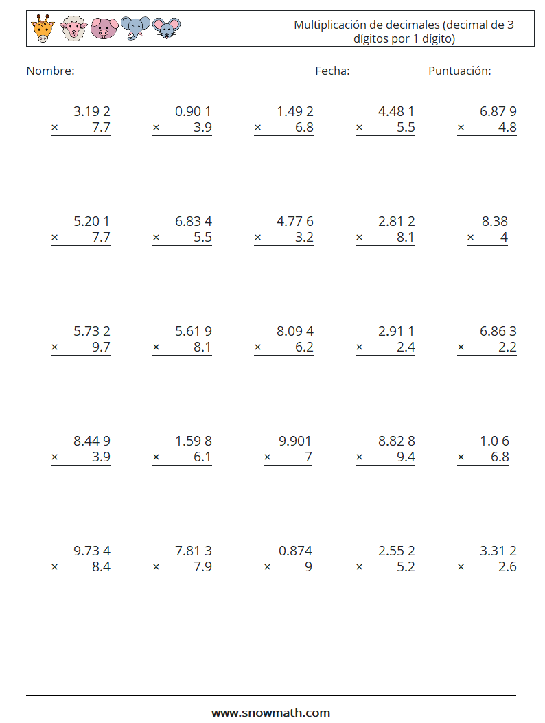 (25) Multiplicación de decimales (decimal de 3 dígitos por 1 dígito) Hojas de trabajo de matemáticas 6