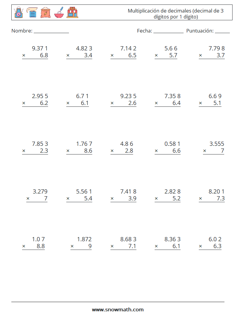 (25) Multiplicación de decimales (decimal de 3 dígitos por 1 dígito) Hojas de trabajo de matemáticas 8