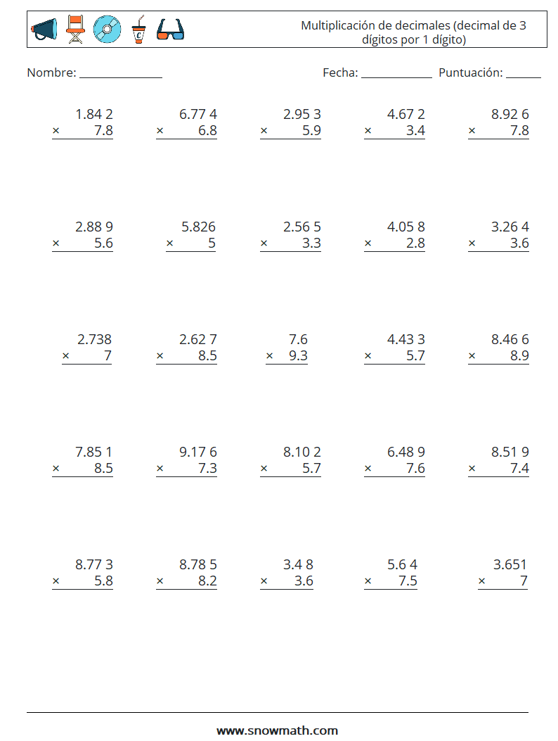(25) Multiplicación de decimales (decimal de 3 dígitos por 1 dígito) Hojas de trabajo de matemáticas 9
