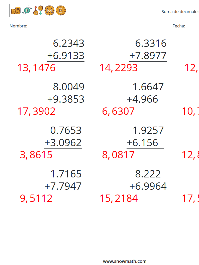 (12) Suma de decimales (4 dígitos) Hojas de trabajo de matemáticas 10 Pregunta, respuesta