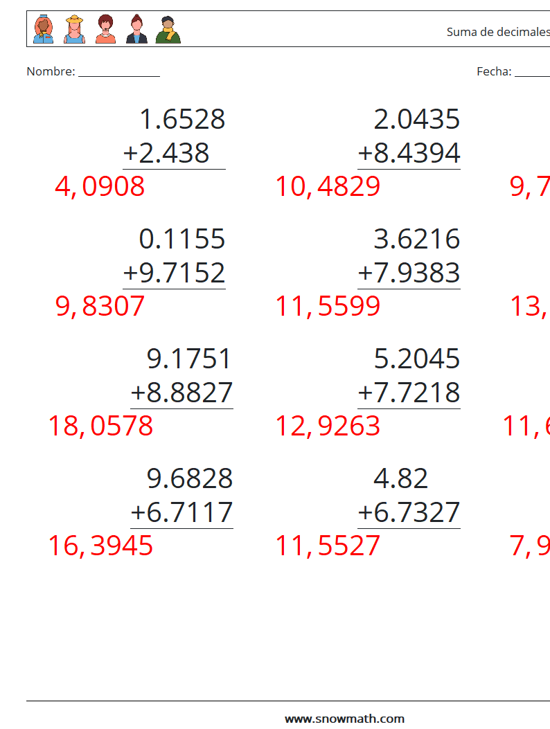 (12) Suma de decimales (4 dígitos) Hojas de trabajo de matemáticas 14 Pregunta, respuesta