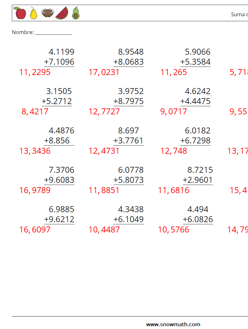 (25) Suma de decimales (4 dígitos) Hojas de trabajo de matemáticas 11 Pregunta, respuesta