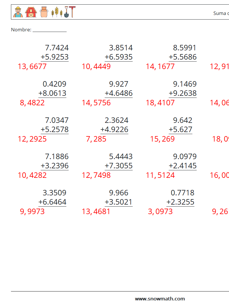 (25) Suma de decimales (4 dígitos) Hojas de trabajo de matemáticas 15 Pregunta, respuesta