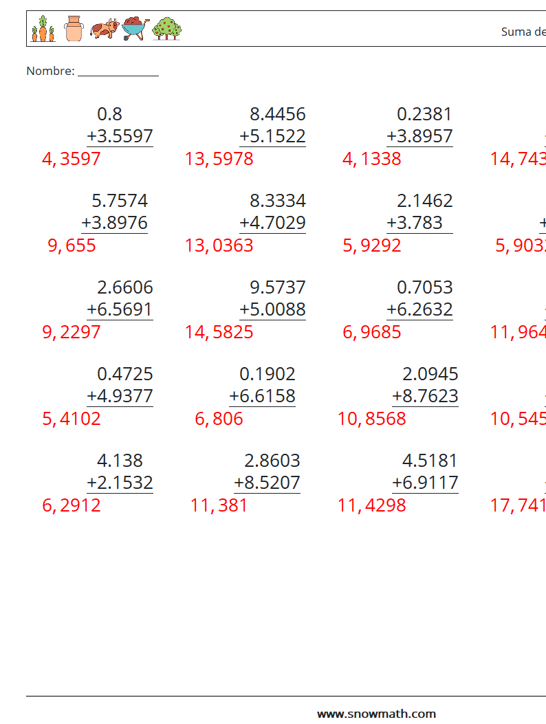 (25) Suma de decimales (4 dígitos) Hojas de trabajo de matemáticas 17 Pregunta, respuesta