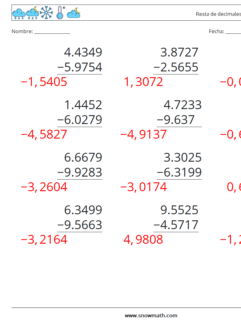 (12) Resta de decimales (4 dígitos) Hojas de trabajo de matemáticas 17 Pregunta, respuesta