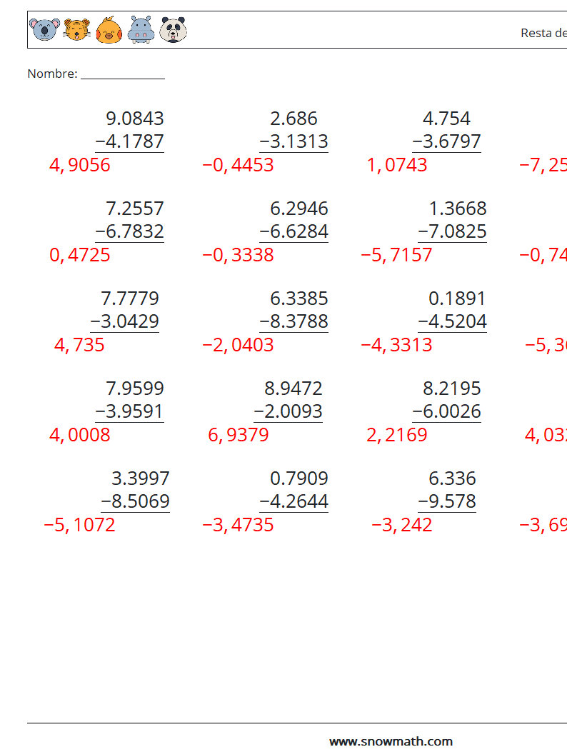 (25) Resta de decimales (4 dígitos) Hojas de trabajo de matemáticas 11 Pregunta, respuesta