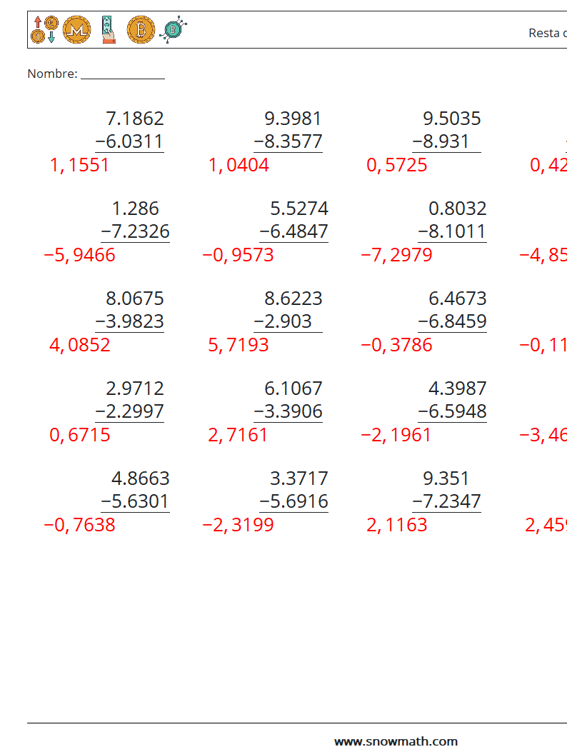 (25) Resta de decimales (4 dígitos) Hojas de trabajo de matemáticas 12 Pregunta, respuesta