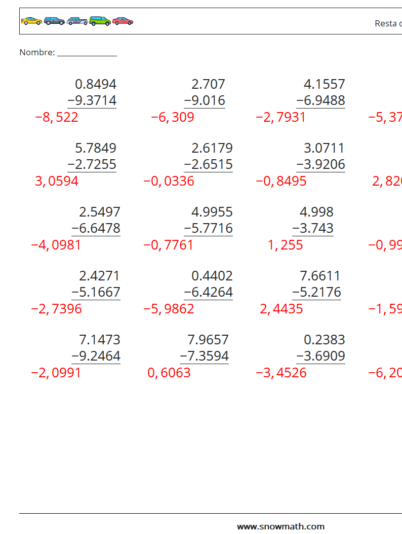 (25) Resta de decimales (4 dígitos) Hojas de trabajo de matemáticas 15 Pregunta, respuesta