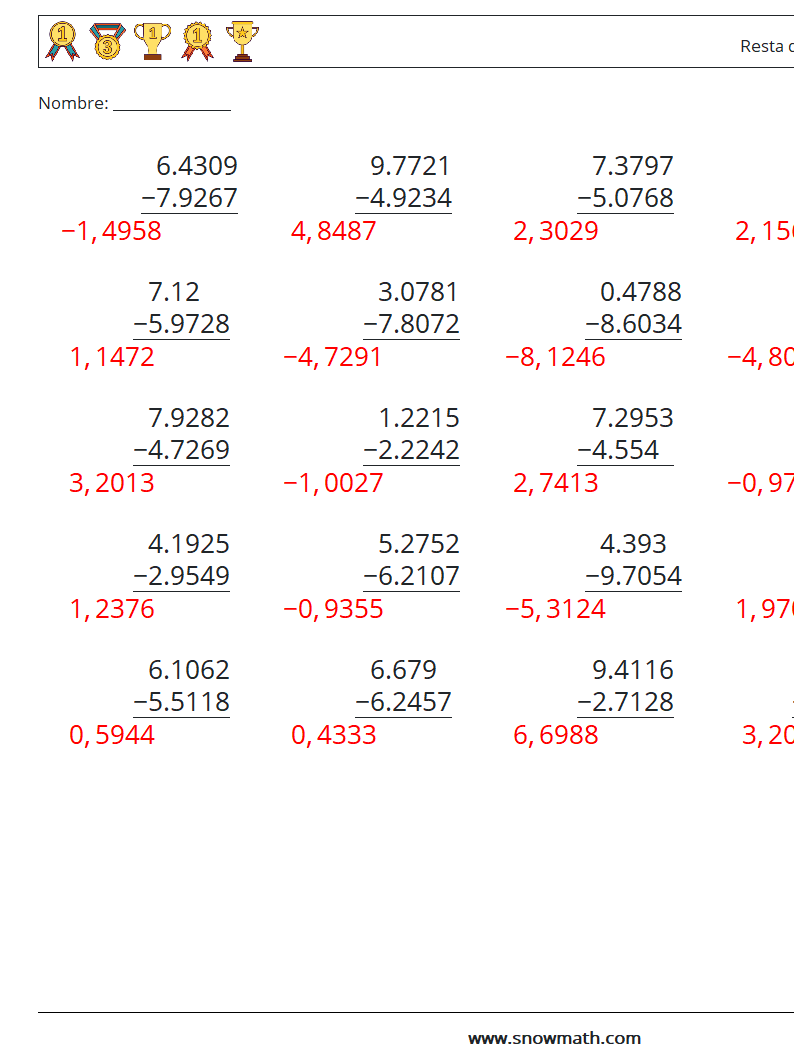 (25) Resta de decimales (4 dígitos) Hojas de trabajo de matemáticas 17 Pregunta, respuesta