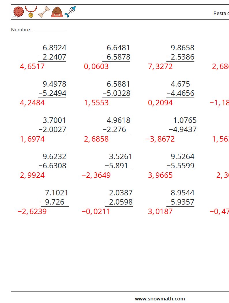 (25) Resta de decimales (4 dígitos) Hojas de trabajo de matemáticas 18 Pregunta, respuesta