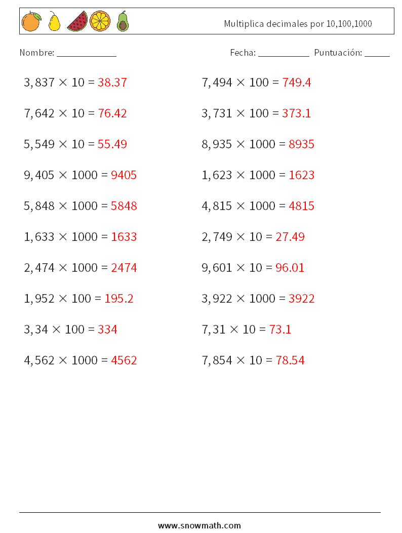 Multiplica decimales por 10,100,1000 Hojas de trabajo de matemáticas 10 Pregunta, respuesta