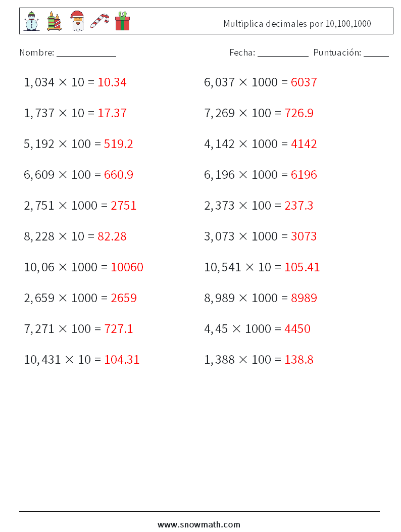 Multiplica decimales por 10,100,1000 Hojas de trabajo de matemáticas 11 Pregunta, respuesta