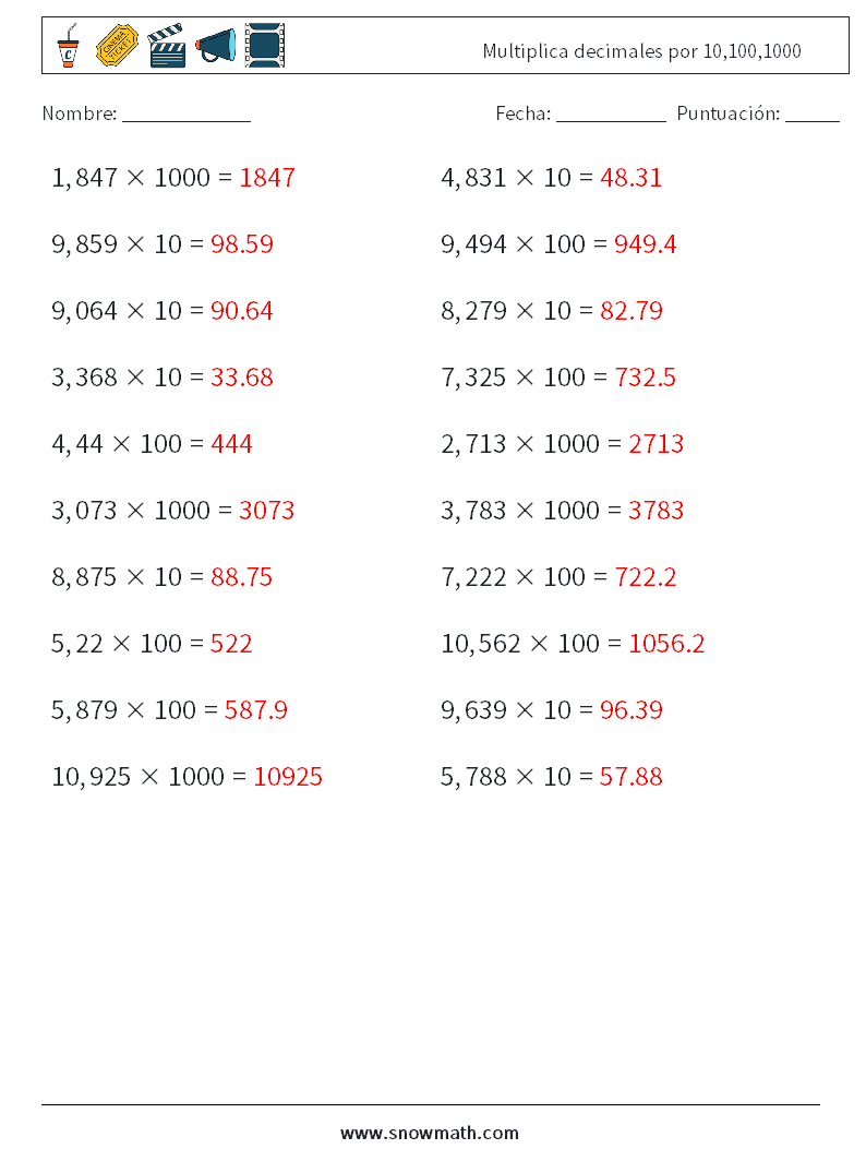 Multiplica decimales por 10,100,1000 Hojas de trabajo de matemáticas 13 Pregunta, respuesta