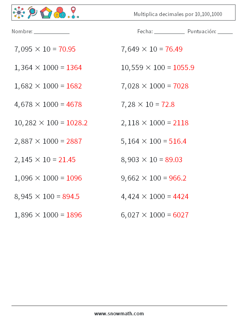 Multiplica decimales por 10,100,1000 Hojas de trabajo de matemáticas 16 Pregunta, respuesta