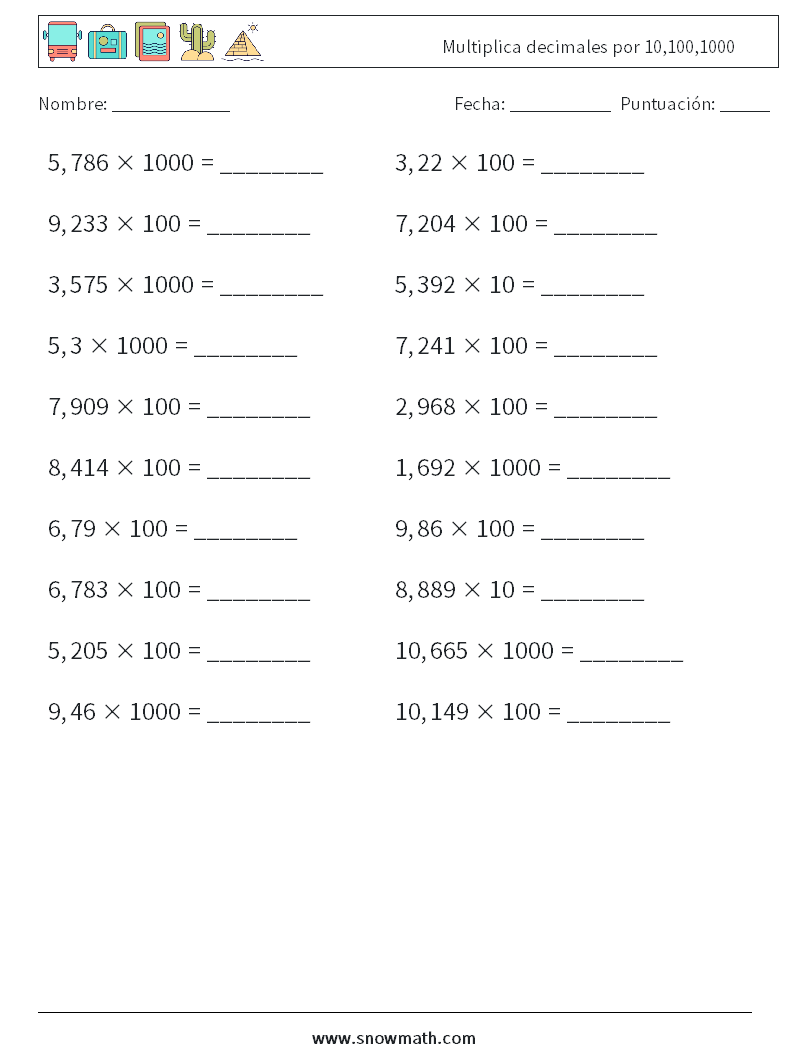Multiplica decimales por 10,100,1000 Hojas de trabajo de matemáticas 18