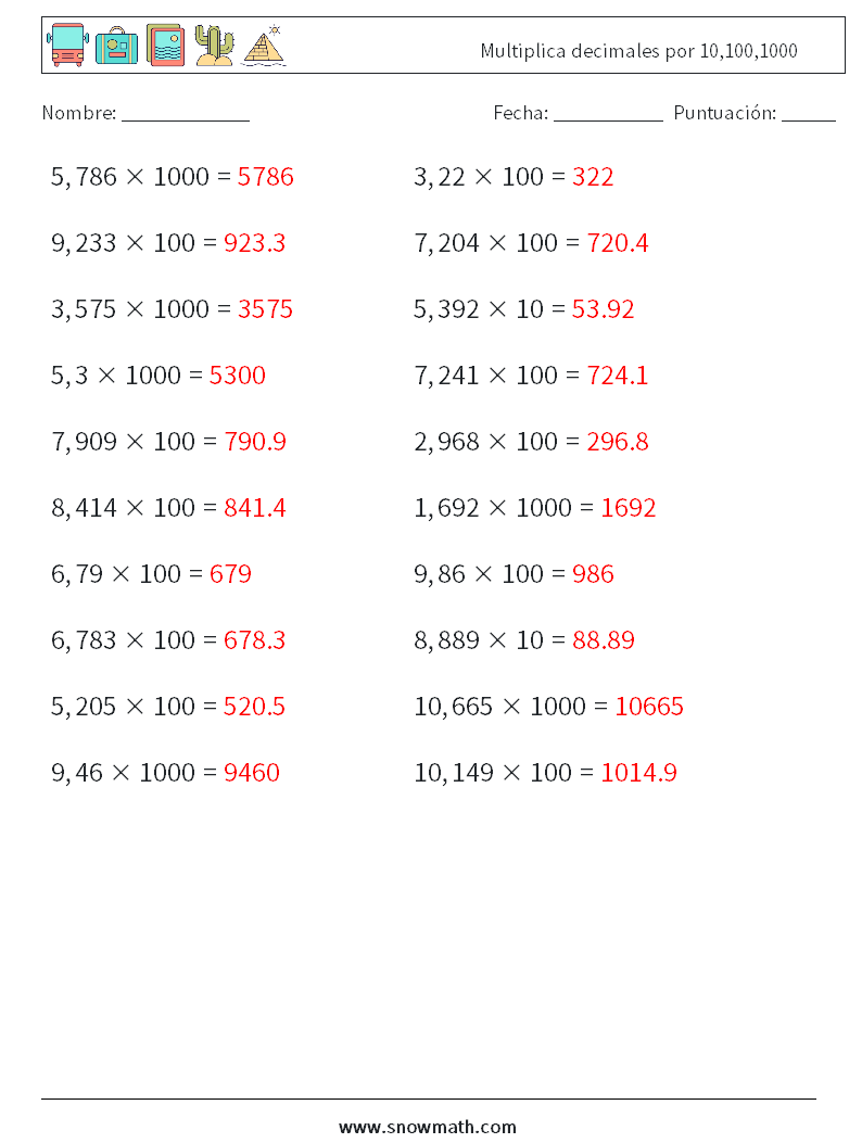 Multiplica decimales por 10,100,1000 Hojas de trabajo de matemáticas 18 Pregunta, respuesta