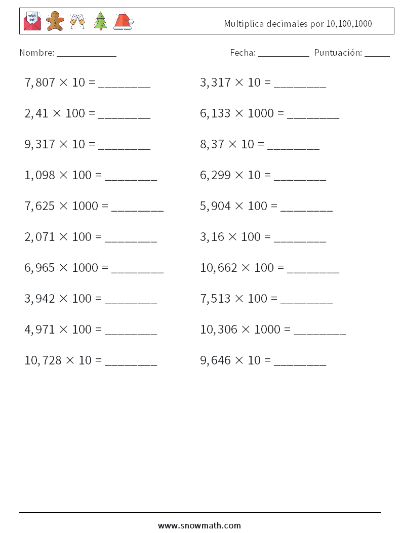 Multiplica decimales por 10,100,1000 Hojas de trabajo de matemáticas 3