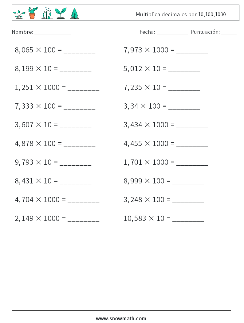 Multiplica decimales por 10,100,1000 Hojas de trabajo de matemáticas 6