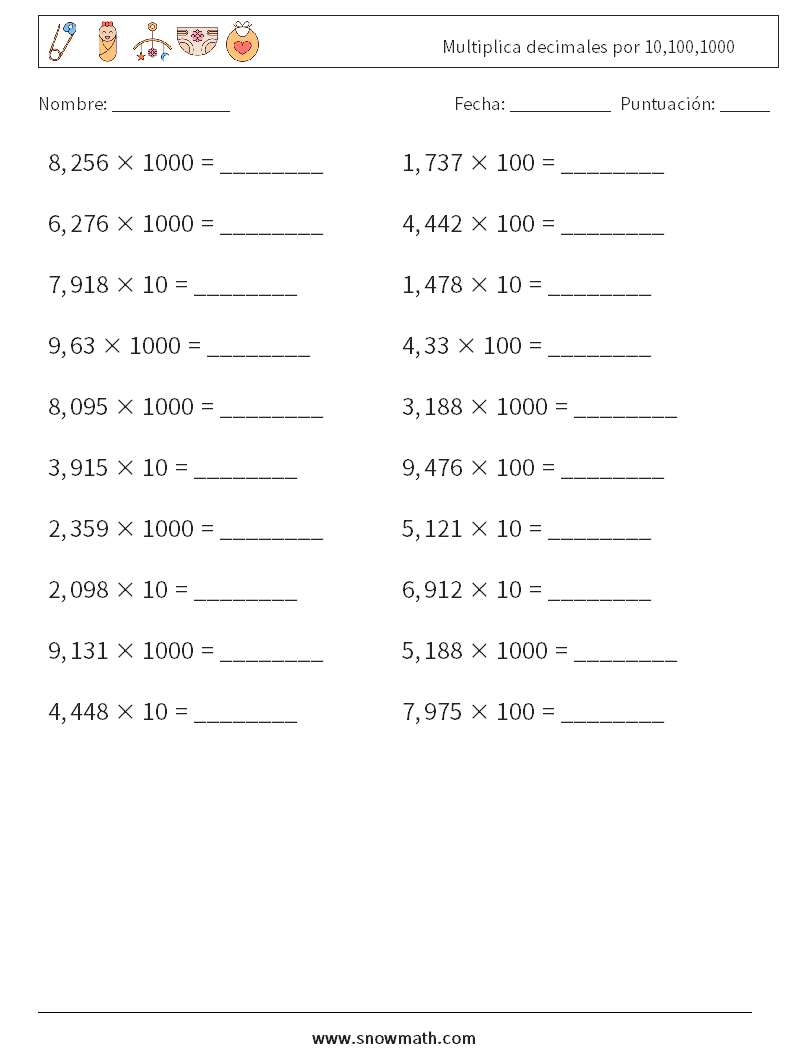 Multiplica decimales por 10,100,1000 Hojas de trabajo de matemáticas 8