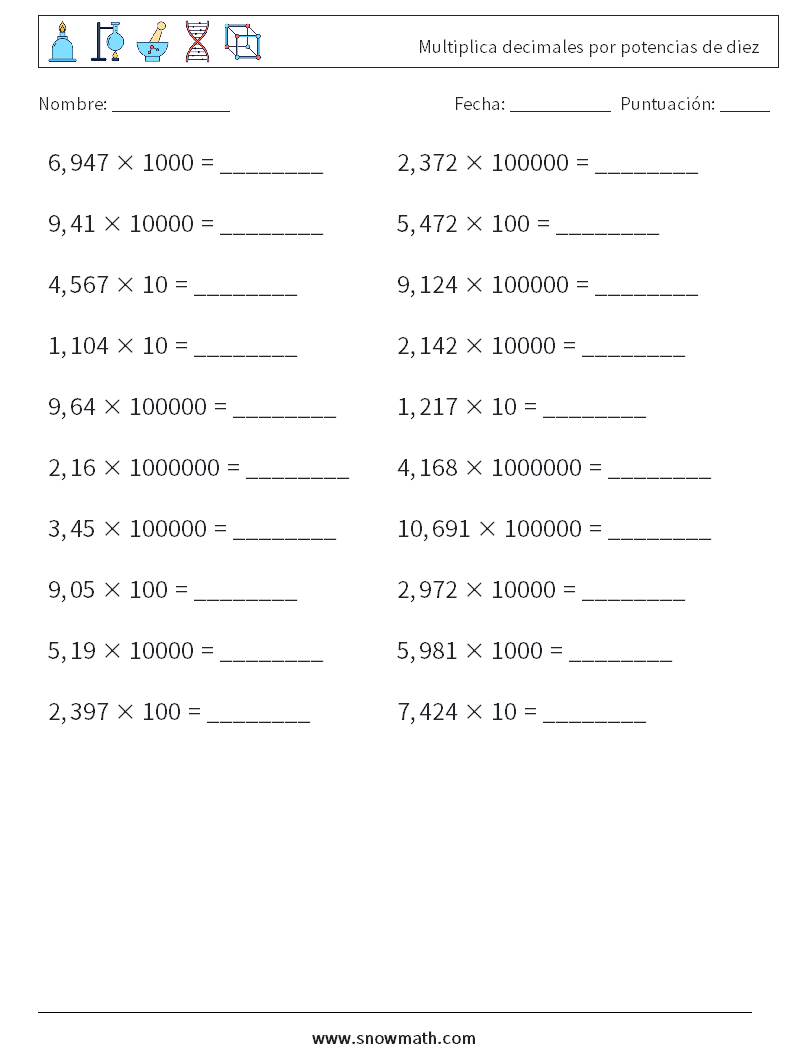 Multiplica decimales por potencias de diez
