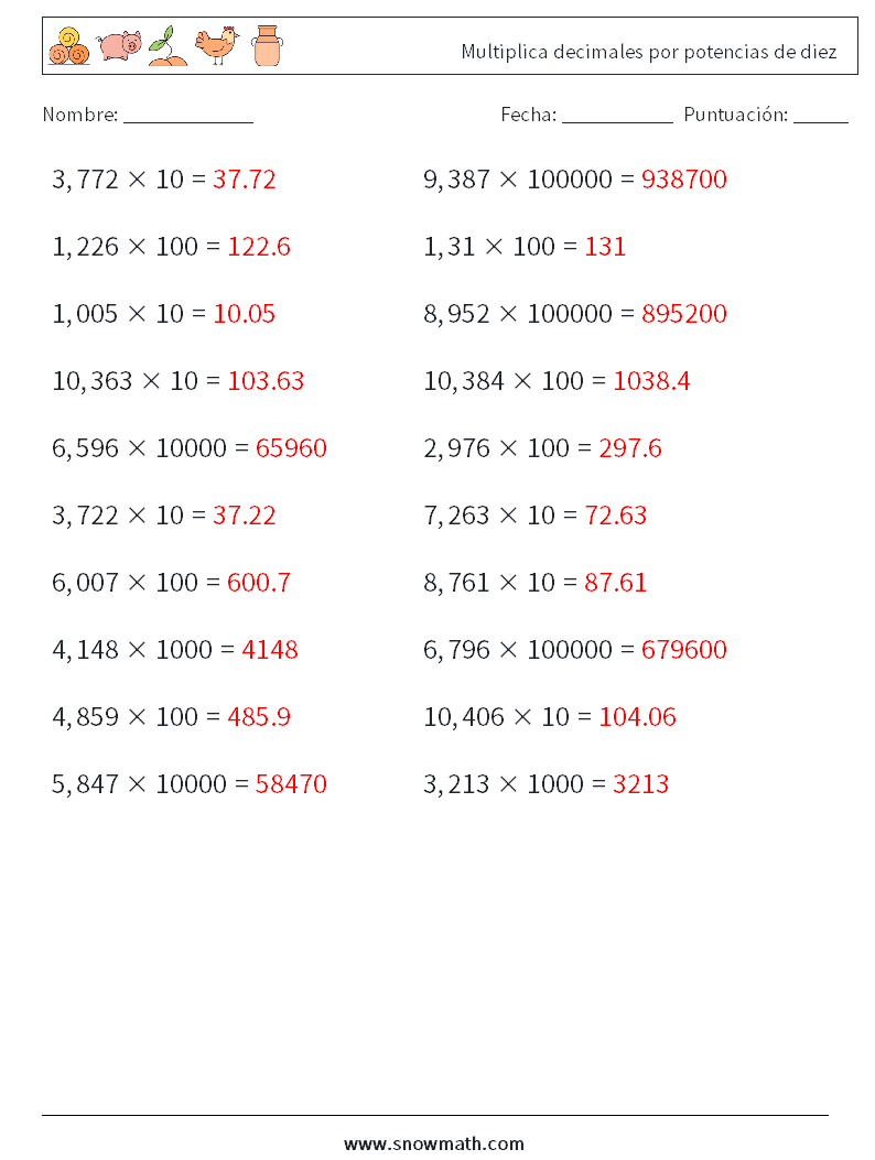 Multiplica decimales por potencias de diez Hojas de trabajo de matemáticas 10 Pregunta, respuesta