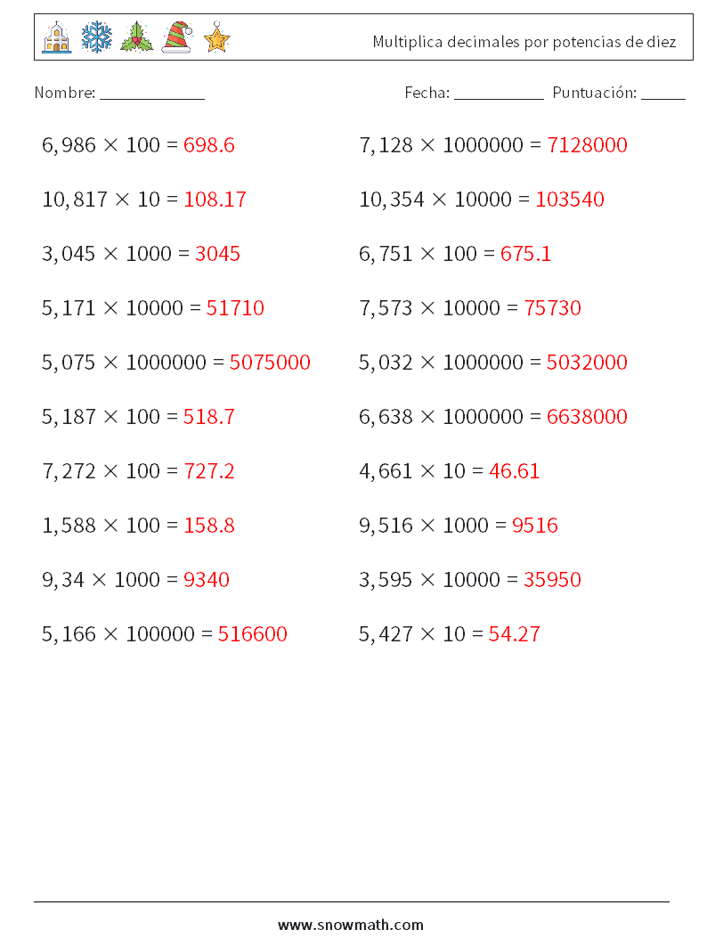 Multiplica decimales por potencias de diez Hojas de trabajo de matemáticas 12 Pregunta, respuesta