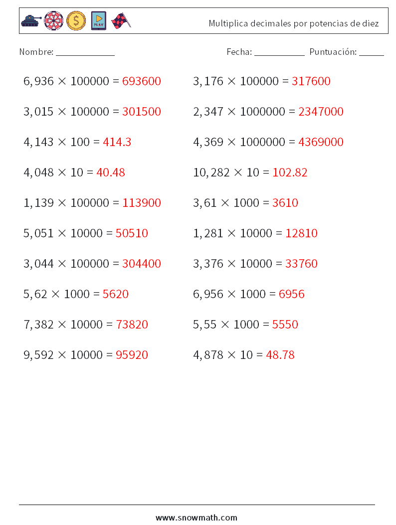 Multiplica decimales por potencias de diez Hojas de trabajo de matemáticas 17 Pregunta, respuesta