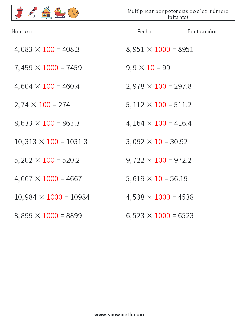 Multiplicar por potencias de diez (número faltante) Hojas de trabajo de matemáticas 11 Pregunta, respuesta