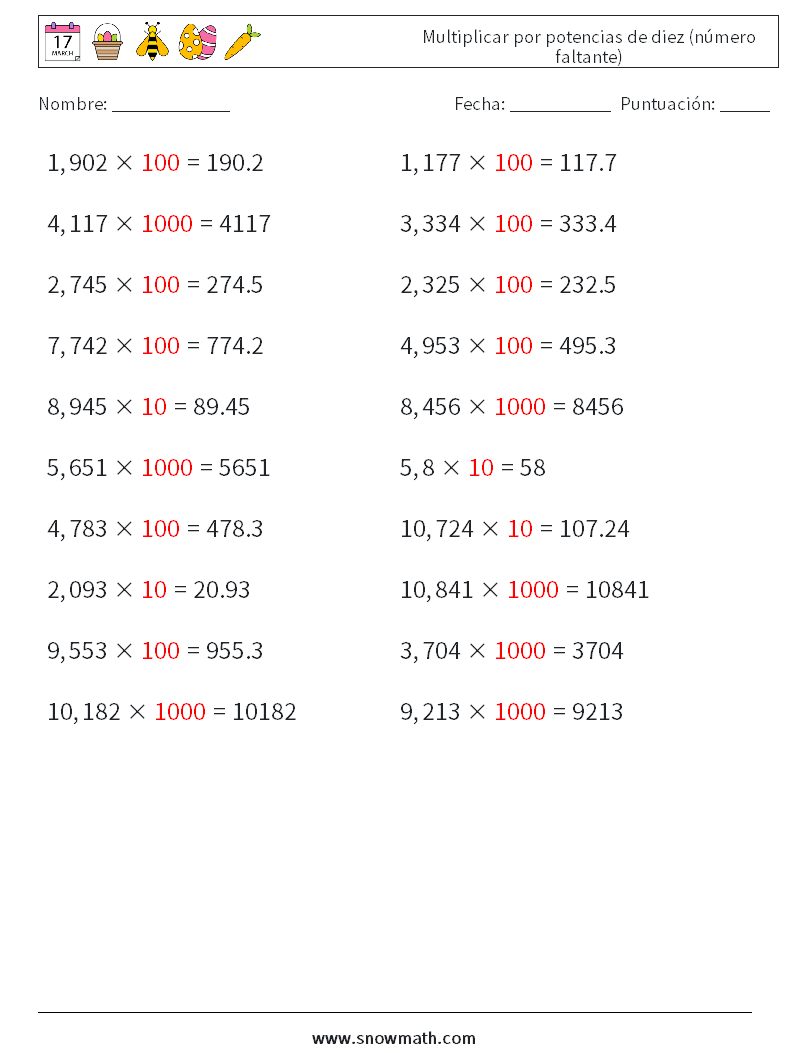 Multiplicar por potencias de diez (número faltante) Hojas de trabajo de matemáticas 14 Pregunta, respuesta