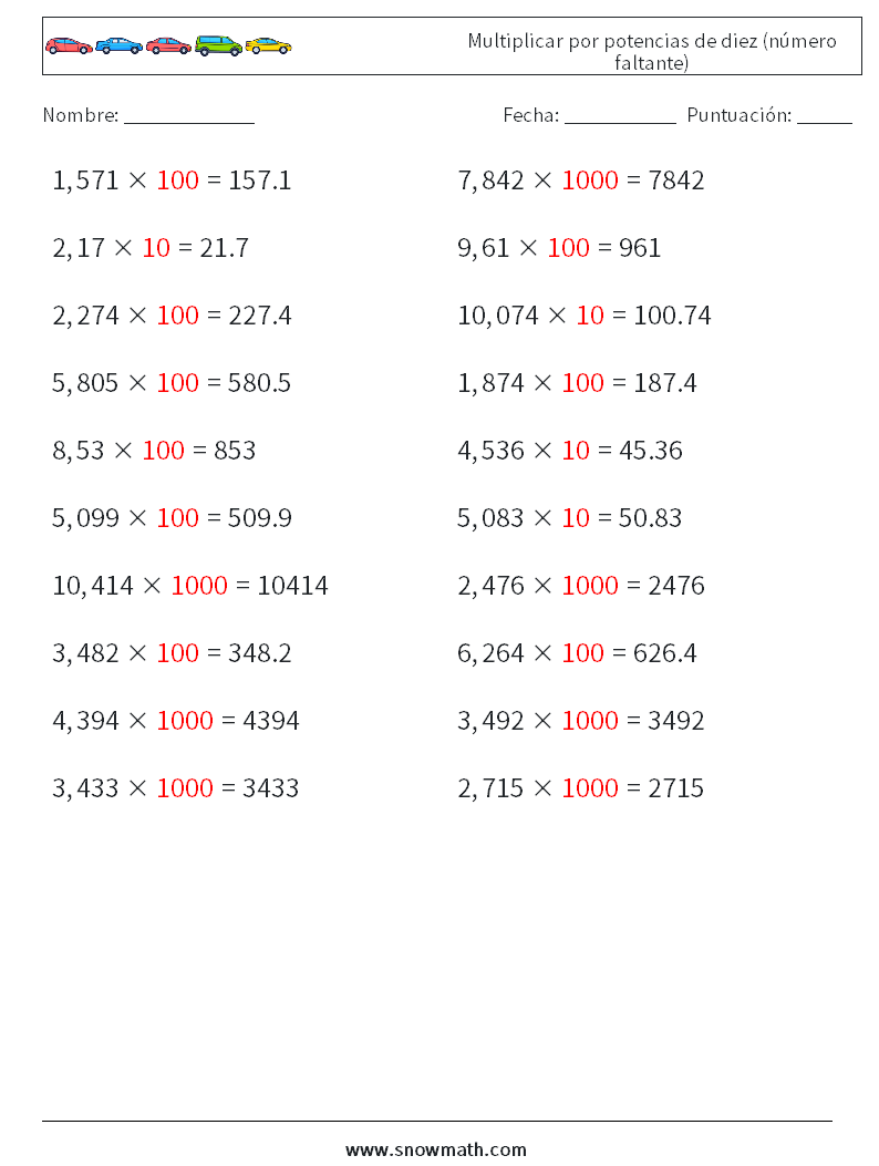 Multiplicar por potencias de diez (número faltante) Hojas de trabajo de matemáticas 15 Pregunta, respuesta