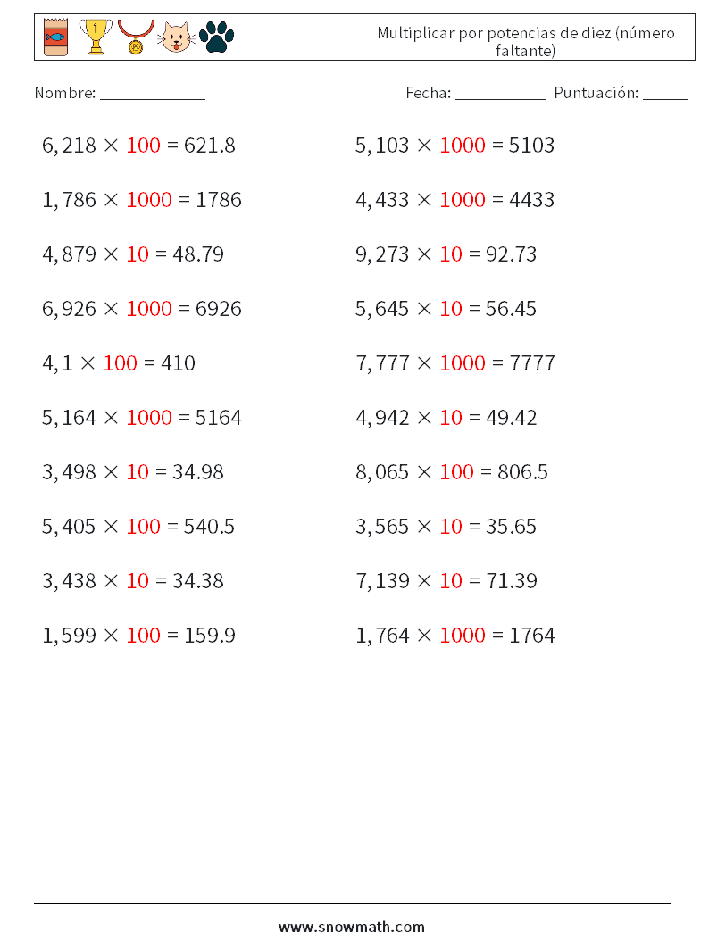 Multiplicar por potencias de diez (número faltante) Hojas de trabajo de matemáticas 17 Pregunta, respuesta