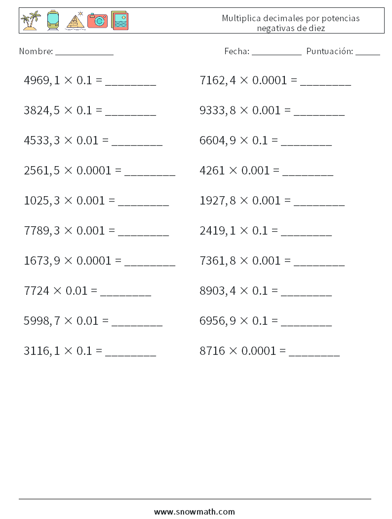 Multiplica decimales por potencias negativas de diez Hojas de trabajo de matemáticas 11