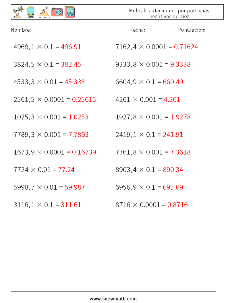 Multiplica decimales por potencias negativas de diez Hojas de trabajo de matemáticas 11 Pregunta, respuesta