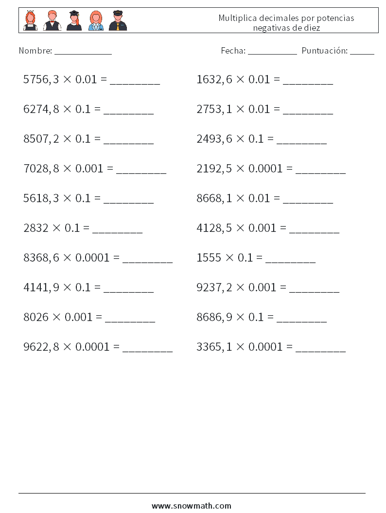 Multiplica decimales por potencias negativas de diez Hojas de trabajo de matemáticas 16