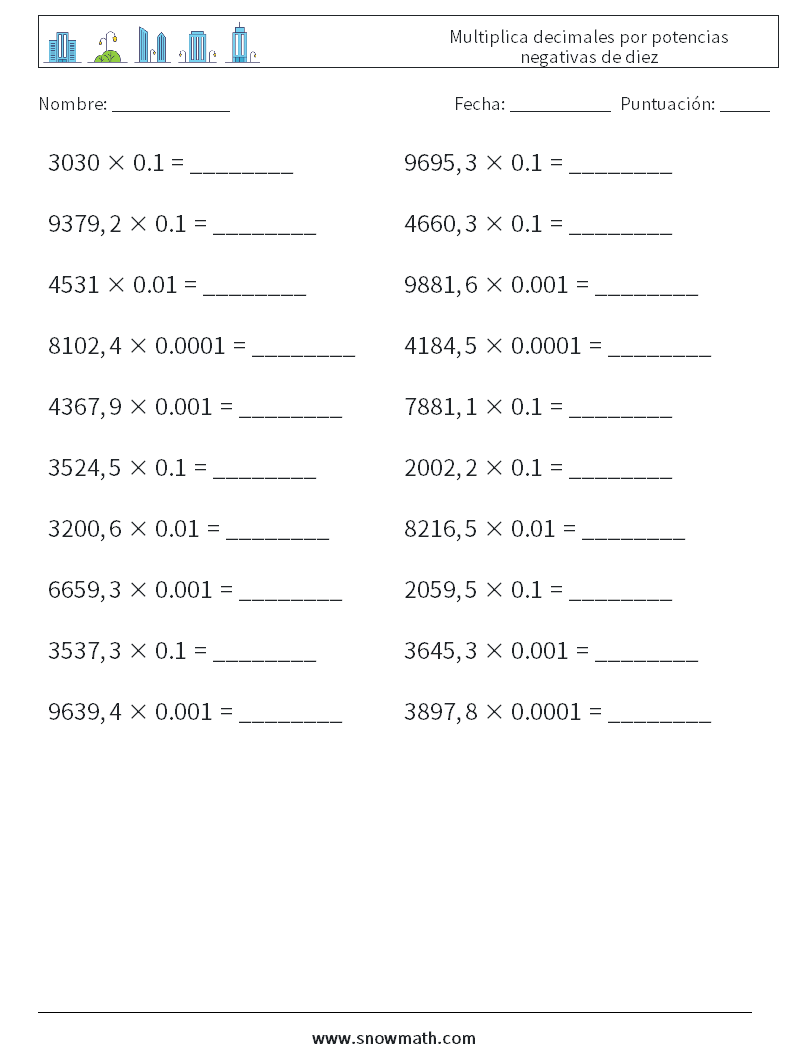 Multiplica decimales por potencias negativas de diez Hojas de trabajo de matemáticas 17