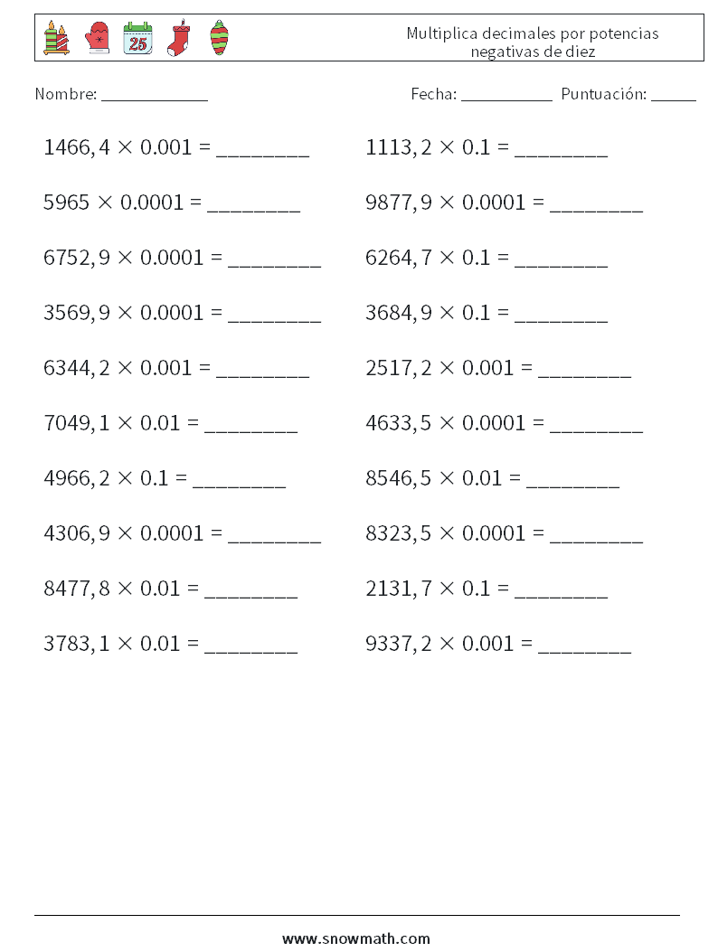 Multiplica decimales por potencias negativas de diez Hojas de trabajo de matemáticas 18
