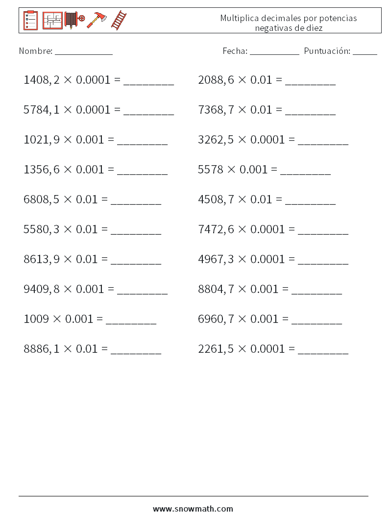 Multiplica decimales por potencias negativas de diez Hojas de trabajo de matemáticas 2