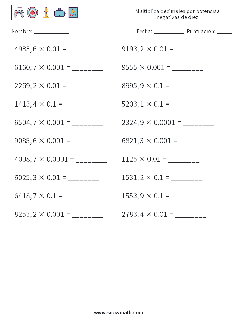 Multiplica decimales por potencias negativas de diez Hojas de trabajo de matemáticas 3