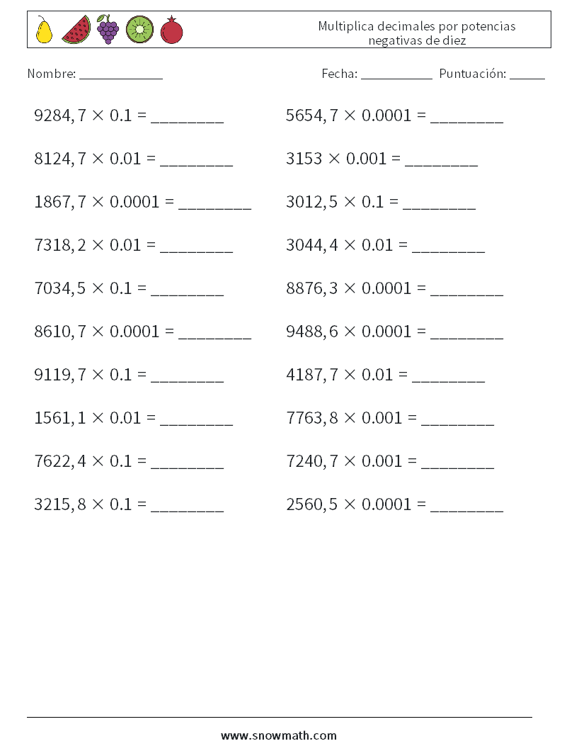 Multiplica decimales por potencias negativas de diez Hojas de trabajo de matemáticas 4