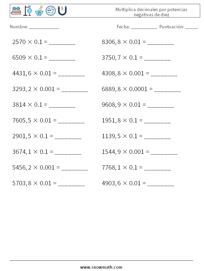 Multiplica decimales por potencias negativas de diez Hojas de trabajo de matemáticas 5