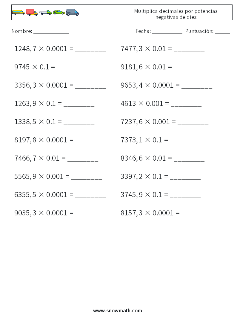 Multiplica decimales por potencias negativas de diez Hojas de trabajo de matemáticas 8