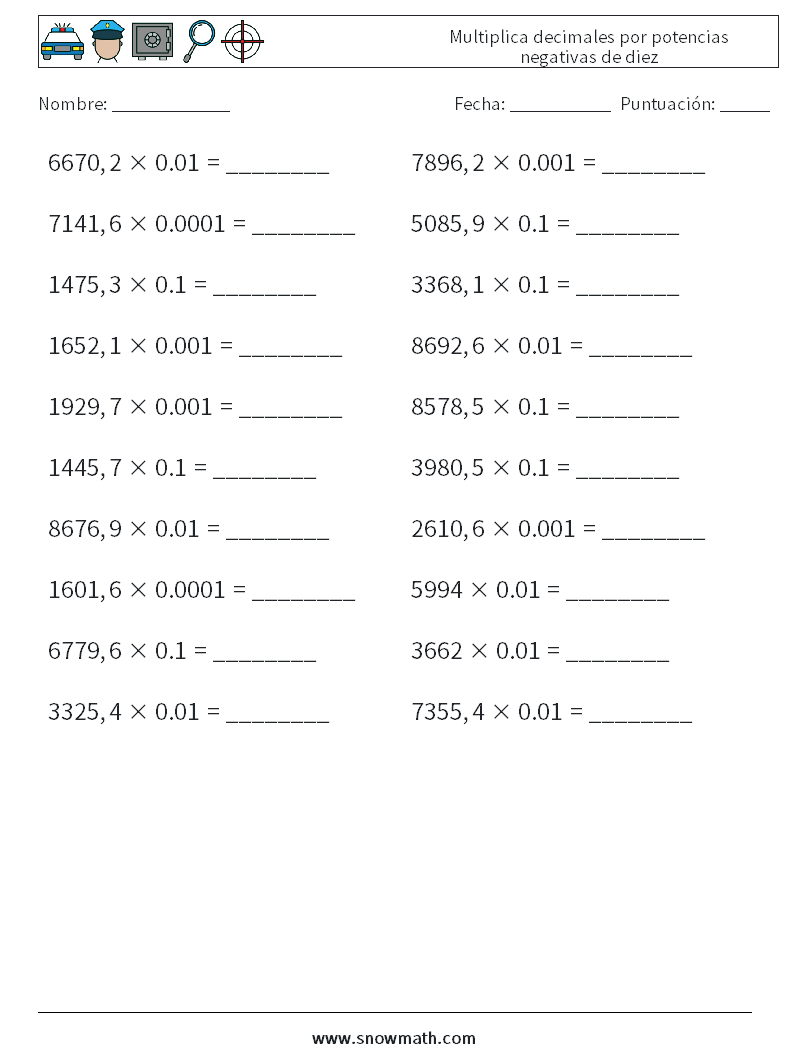Multiplica decimales por potencias negativas de diez Hojas de trabajo de matemáticas 9
