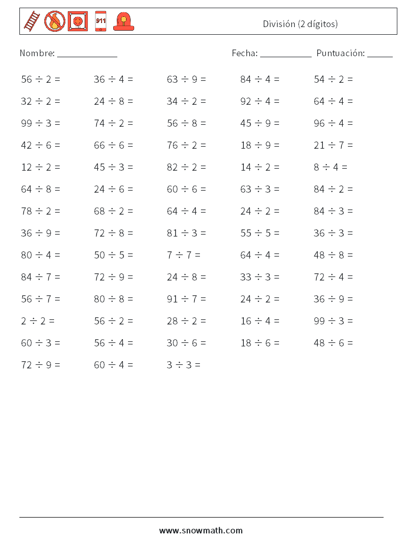 (100) División (2 dígitos) Hojas de trabajo de matemáticas 6