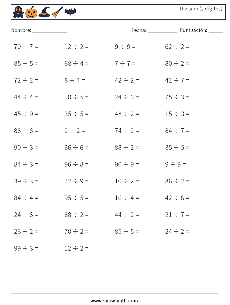 (50) División (2 dígitos) Hojas de trabajo de matemáticas 6