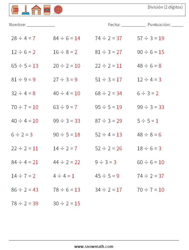 (50) División (2 dígitos) Hojas de trabajo de matemáticas 9 Pregunta, respuesta