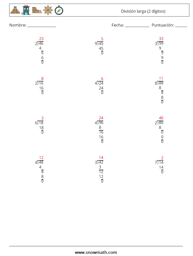 (12) División larga (2 dígitos) Hojas de trabajo de matemáticas 11 Pregunta, respuesta