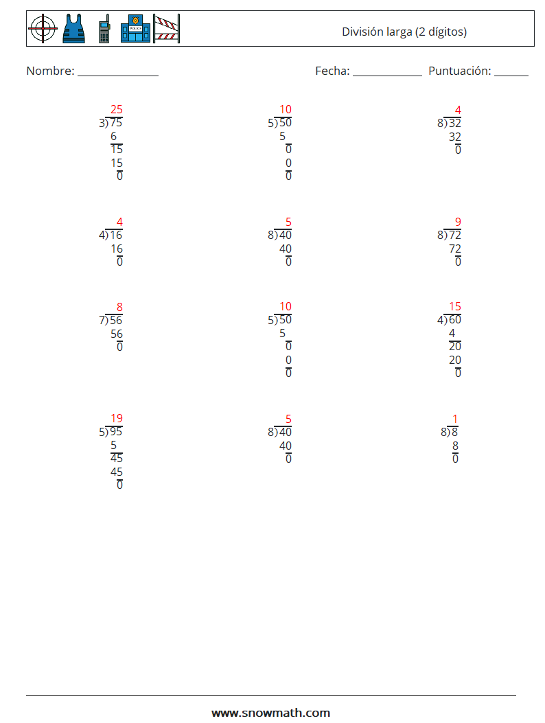 (12) División larga (2 dígitos) Hojas de trabajo de matemáticas 12 Pregunta, respuesta