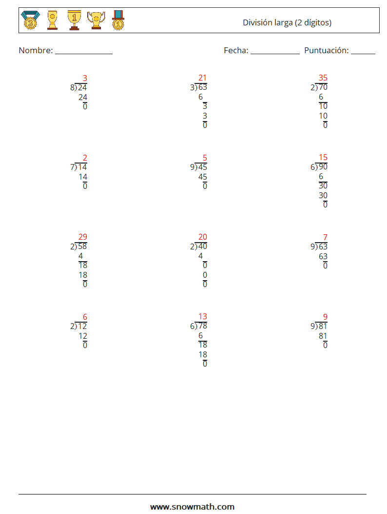 (12) División larga (2 dígitos) Hojas de trabajo de matemáticas 18 Pregunta, respuesta