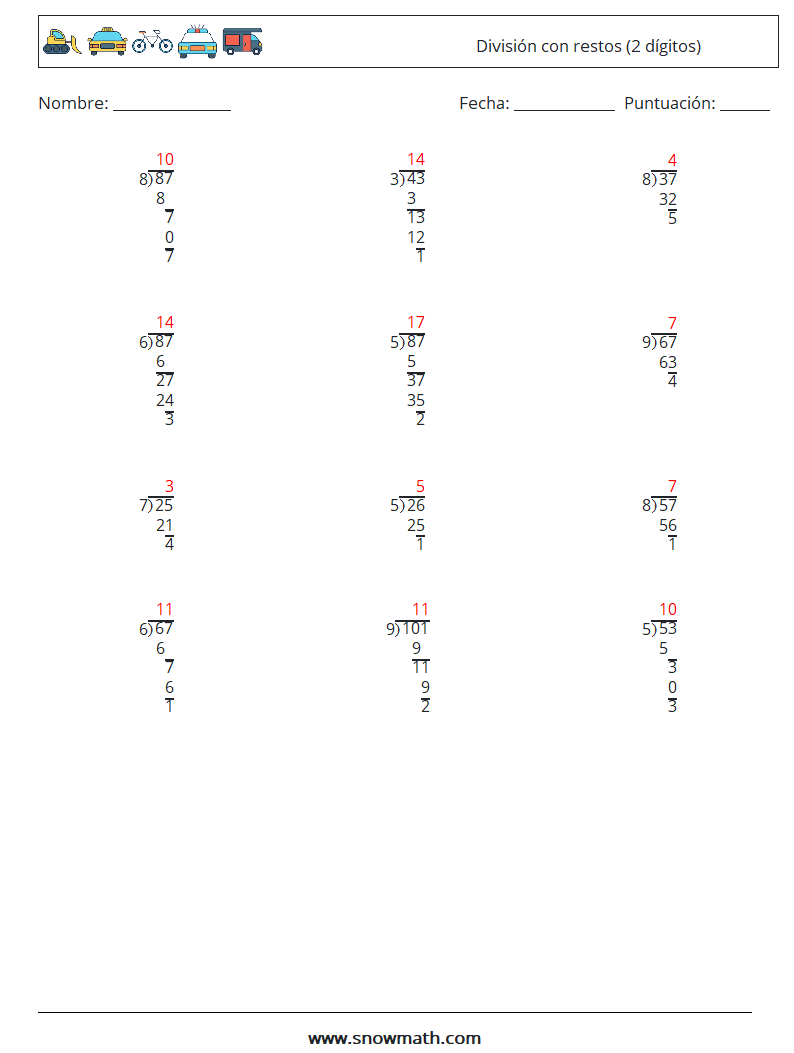(12) División con restos (2 dígitos) Hojas de trabajo de matemáticas 16 Pregunta, respuesta