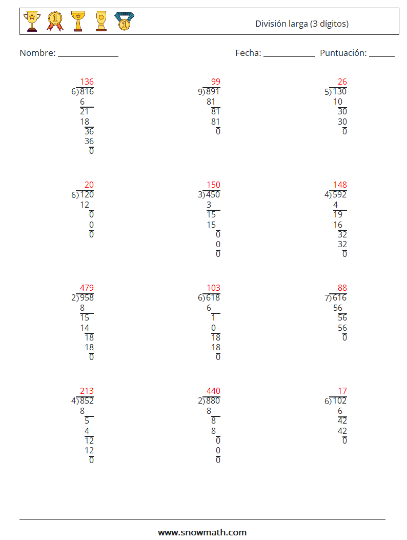 (12) División larga (3 dígitos) Hojas de trabajo de matemáticas 13 Pregunta, respuesta